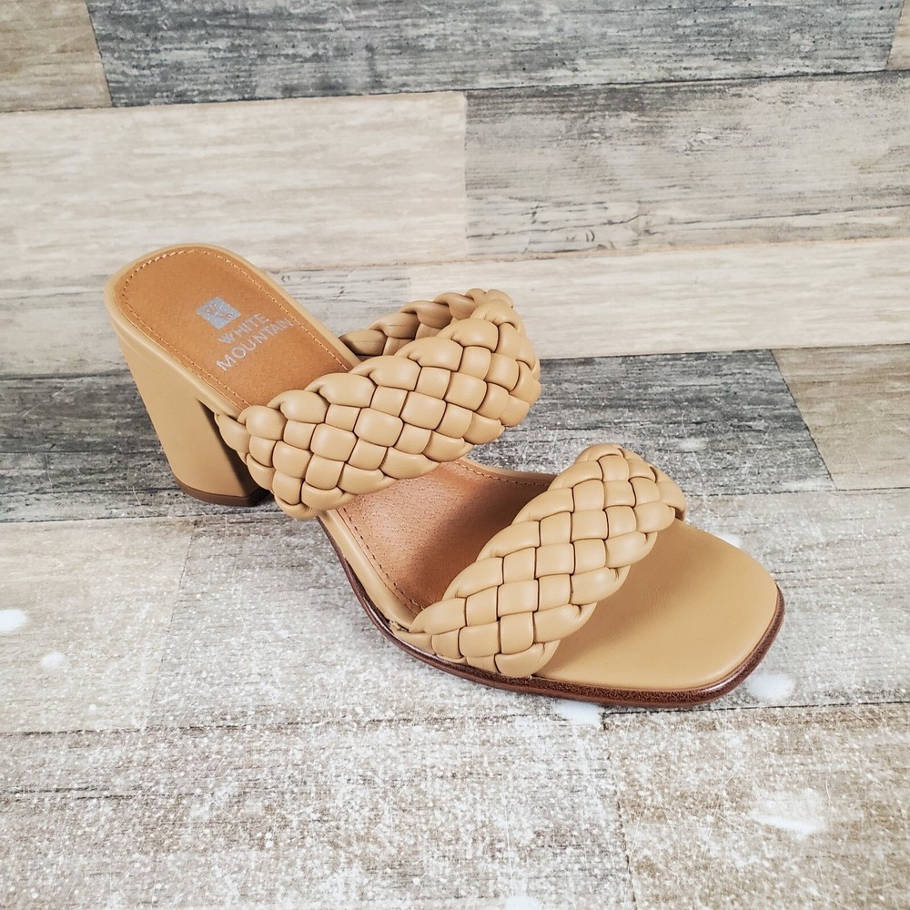 White Mountain Heeled Sandals Womens Sz 6 M Tan Open Toe Block Heel
